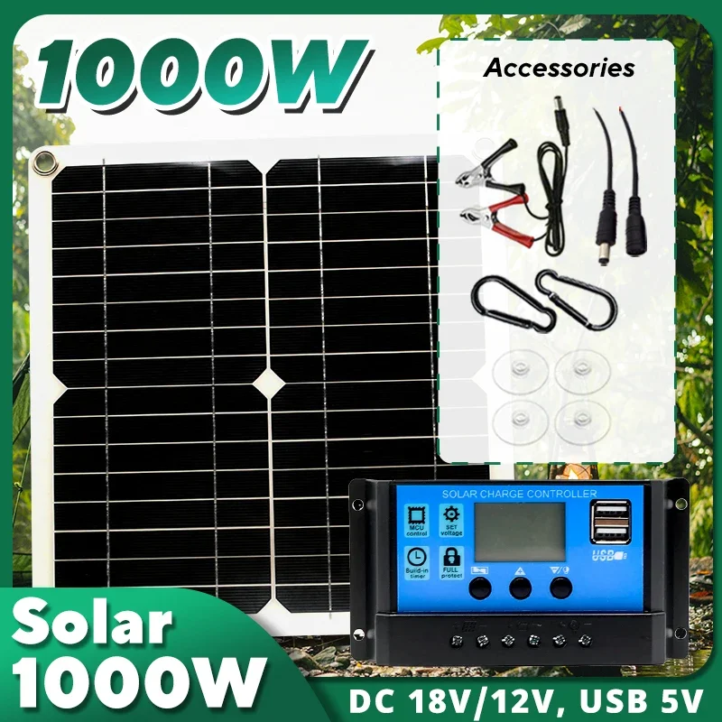 Usb Charger Dynamo - 1000Wソーラーパネルキット、12Vソーラーセル10A‑100Aコントローラー、RV、キャラバン、家庭、キャンプ、携帯電話、バッテリー用ポータブルソーラーチャージャー