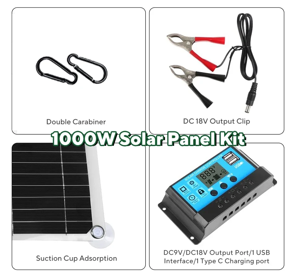 1000Wソーラーパネルキット、12Vソーラーセル10A‑1 - Usb Charger Dynamo のレビューと価格